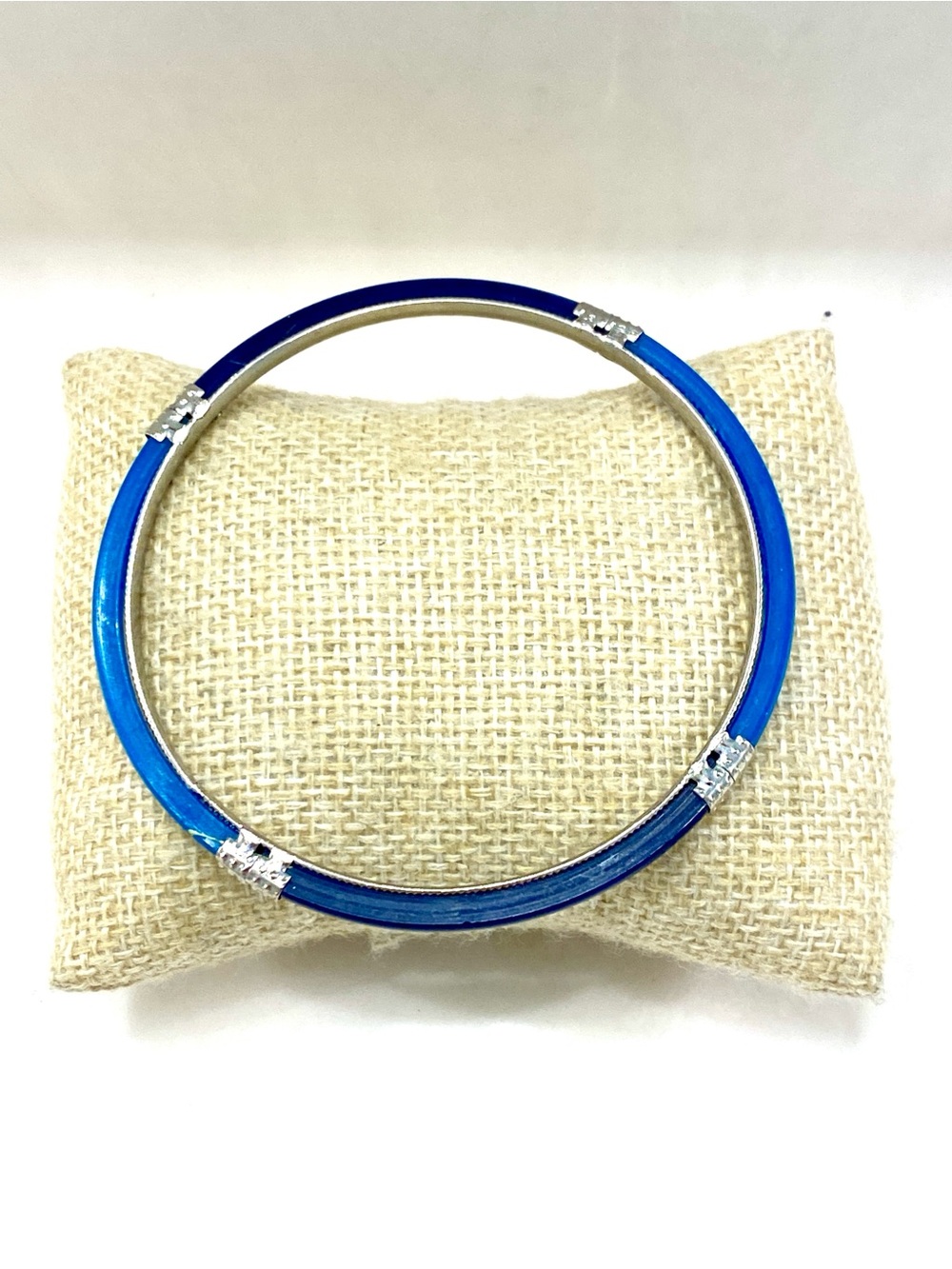 Vintage Cobalt Blue Acrylic Inlay Station Stackable Silver Bangle Bracelet